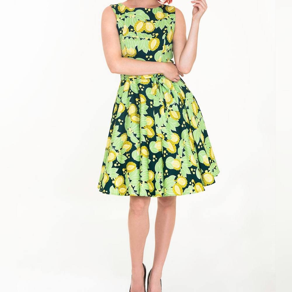 XL Prickly Pear Fruit Print Floral Green and Yellow Swing Dress